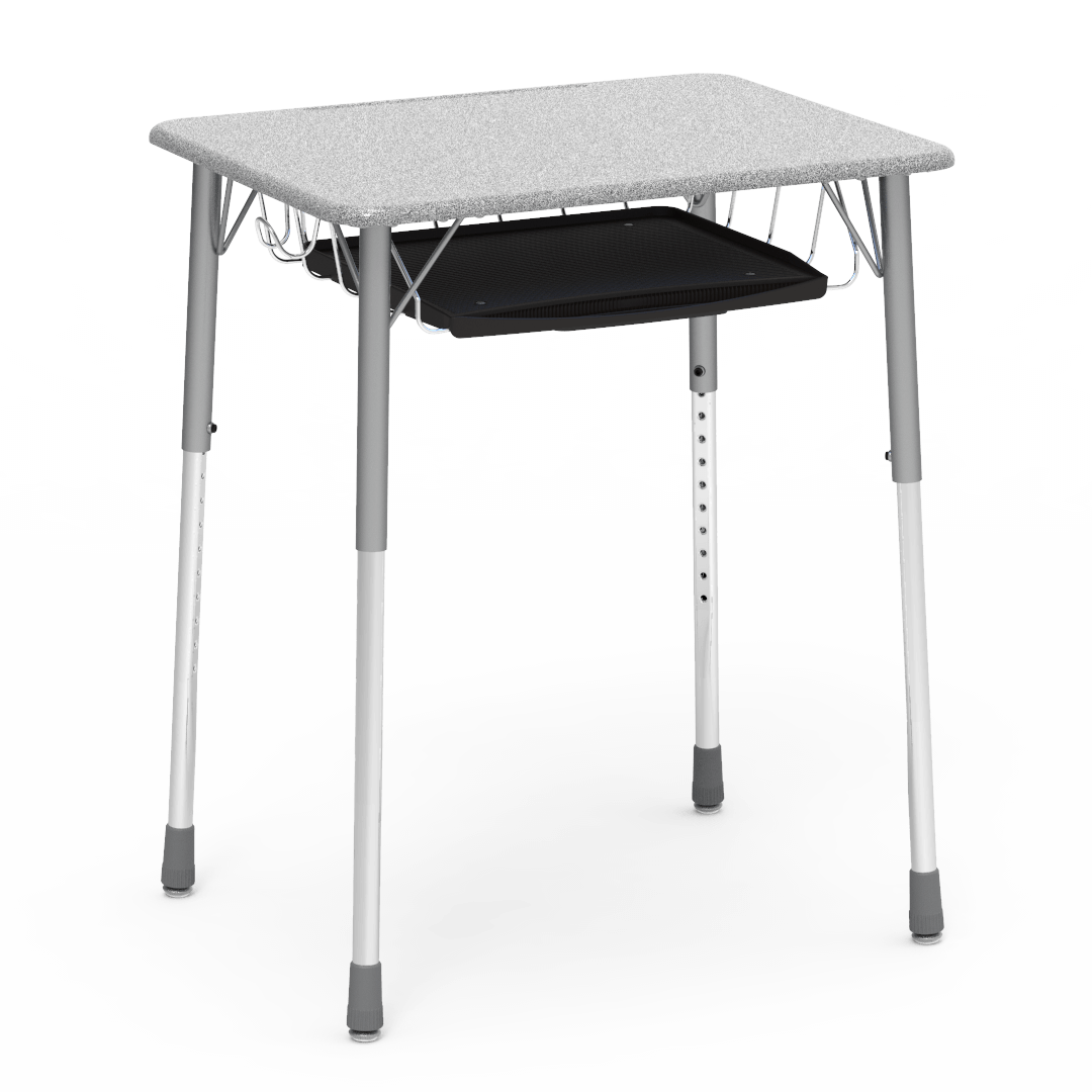 Virco ZADJ2026BRTBHM - ZUMA Series Student Desk, Hard Plastic Top (20" x 26-1/8"), Adjustable Height Legs (22"-34"H) with wire book basket with pencil tray and backpack hanger - SchoolOutlet