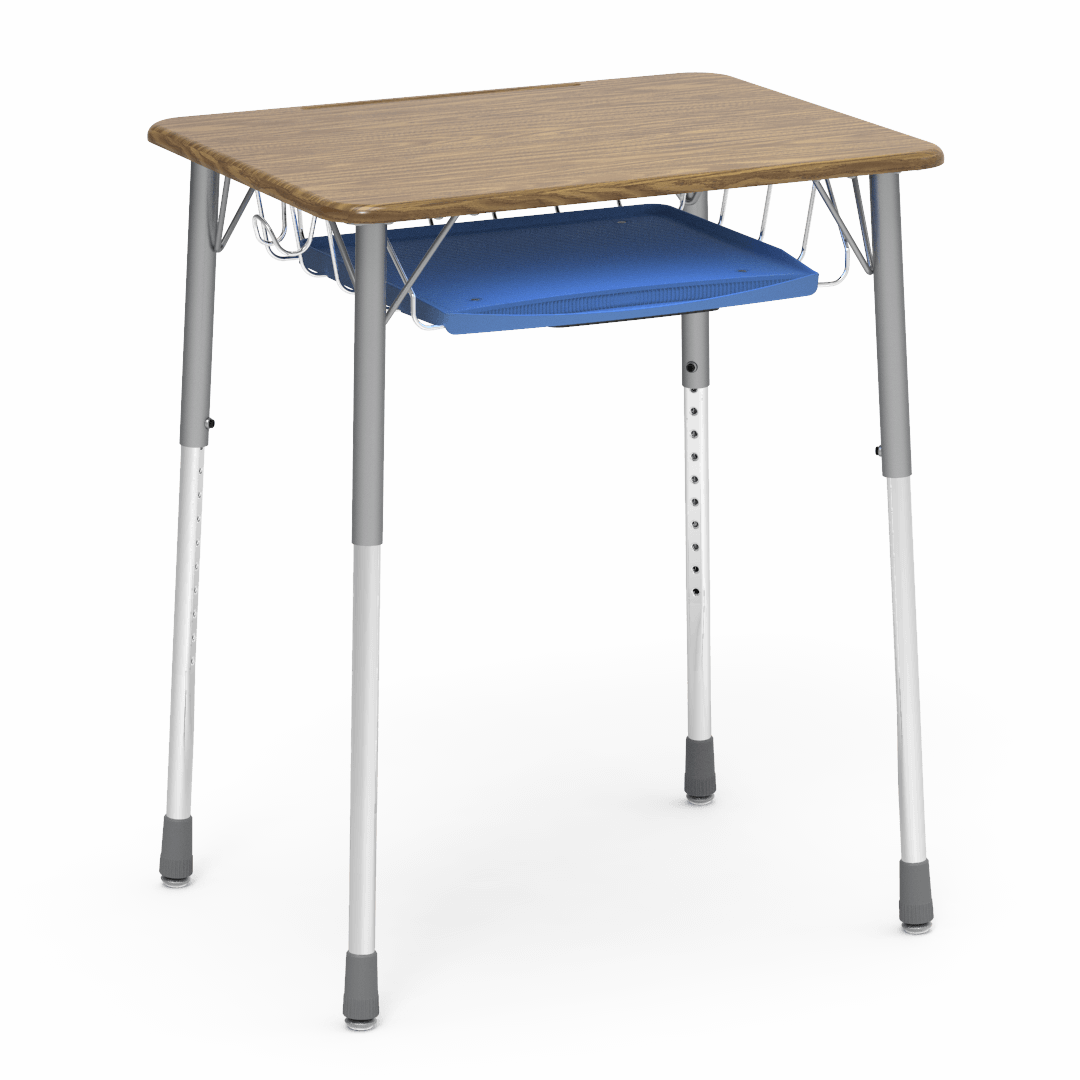 Virco ZADJ2026BRTBHM - ZUMA Series Student Desk, Hard Plastic Top (20" x 26-1/8"), Adjustable Height Legs (22"-34"H) with wire book basket with pencil tray and backpack hanger - SchoolOutlet