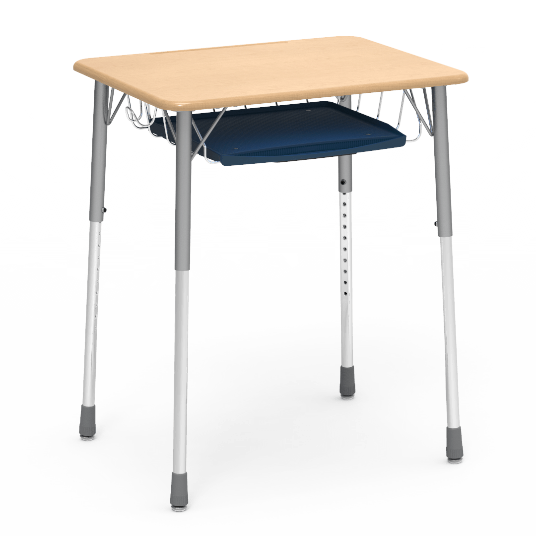 Virco ZADJ2026BRTBHM - ZUMA Series Student Desk, Hard Plastic Top (20" x 26-1/8"), Adjustable Height Legs (22"-34"H) with wire book basket with pencil tray and backpack hanger - SchoolOutlet