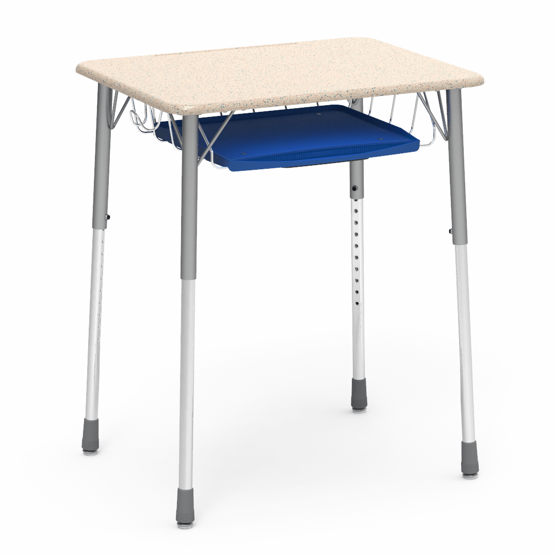 Virco ZADJ2026BRTBHM - ZUMA Series Student Desk, Hard Plastic Top (20" x 26-1/8"), Adjustable Height Legs (22"-34"H) with wire book basket with pencil tray and backpack hanger - SchoolOutlet