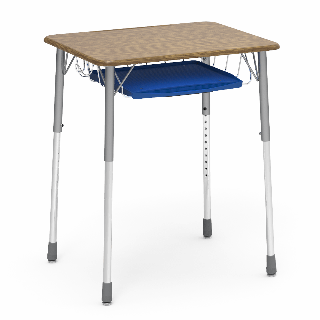 Virco ZADJ2026BRTBHM - ZUMA Series Student Desk, Hard Plastic Top (20" x 26-1/8"), Adjustable Height Legs (22"-34"H) with wire book basket with pencil tray and backpack hanger - SchoolOutlet