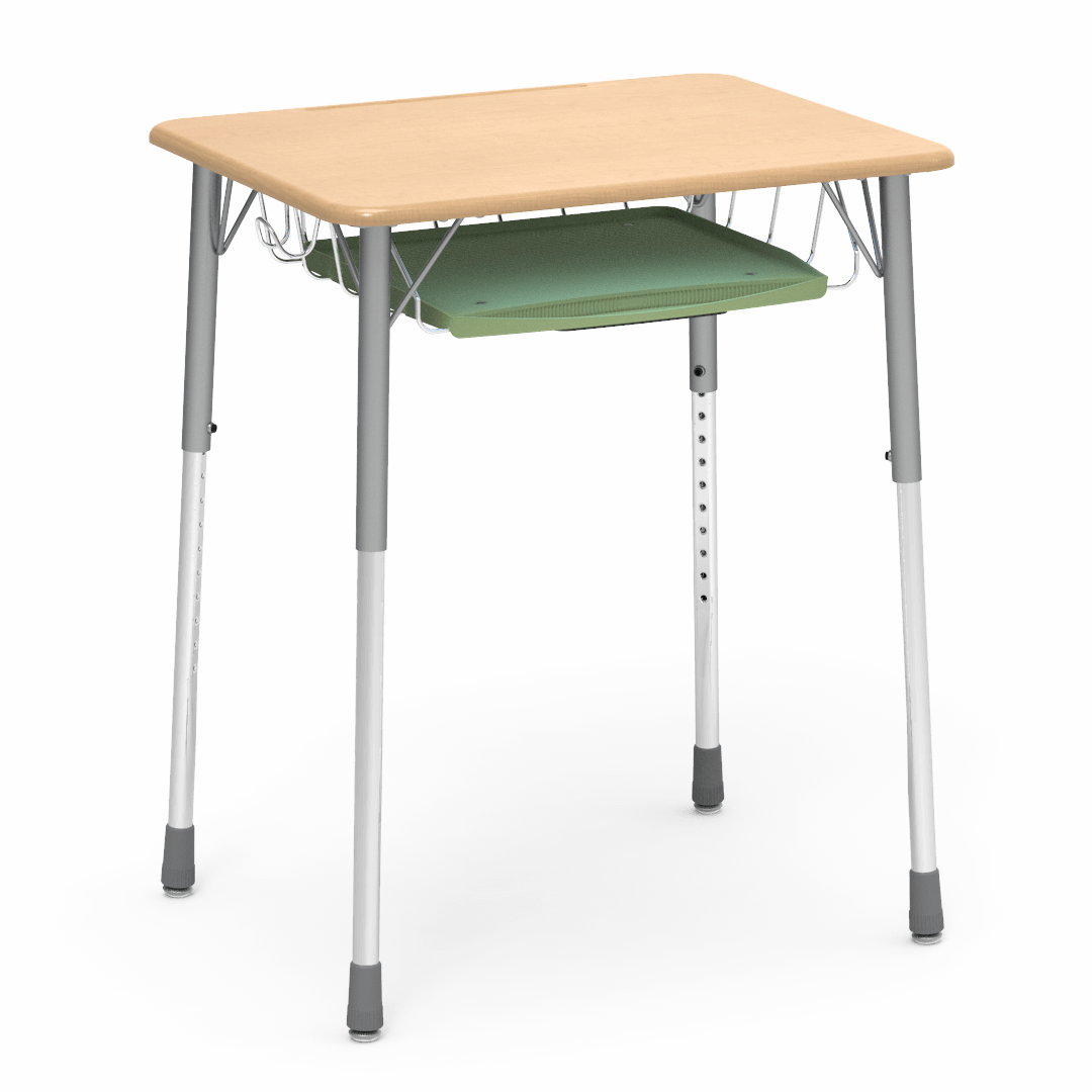 Virco ZADJ2026BRTBHM - ZUMA Series Student Desk, Hard Plastic Top (20" x 26-1/8"), Adjustable Height Legs (22"-34"H) with wire book basket with pencil tray and backpack hanger - SchoolOutlet