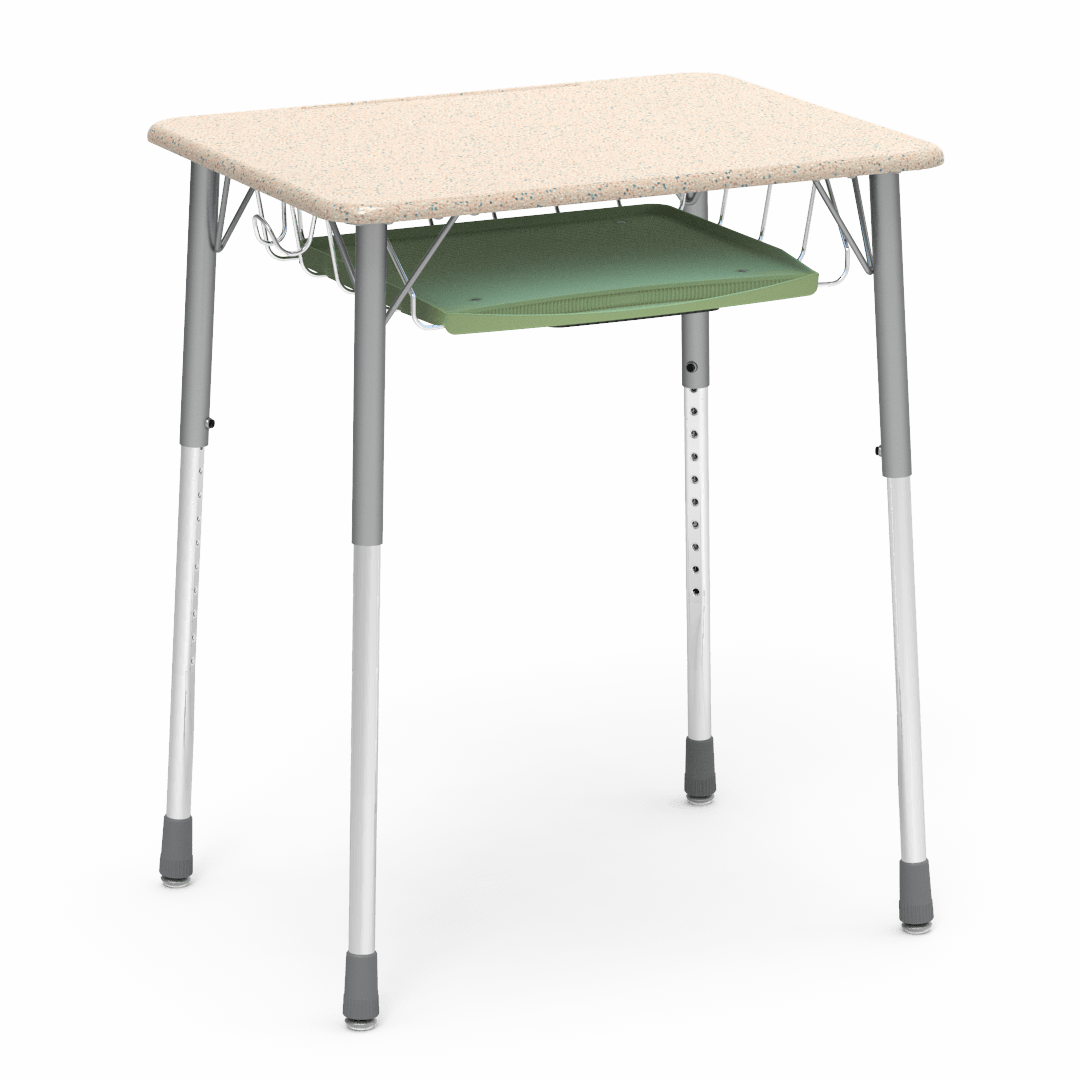 Virco ZADJ2026BRTBHM - ZUMA Series Student Desk, Hard Plastic Top (20" x 26-1/8"), Adjustable Height Legs (22"-34"H) with wire book basket with pencil tray and backpack hanger - SchoolOutlet