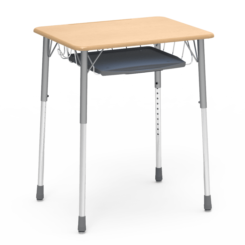 Virco ZADJ2026BRTBHM - ZUMA Series Student Desk, Hard Plastic Top (20" x 26-1/8"), Adjustable Height Legs (22"-34"H) with wire book basket with pencil tray and backpack hanger - SchoolOutlet
