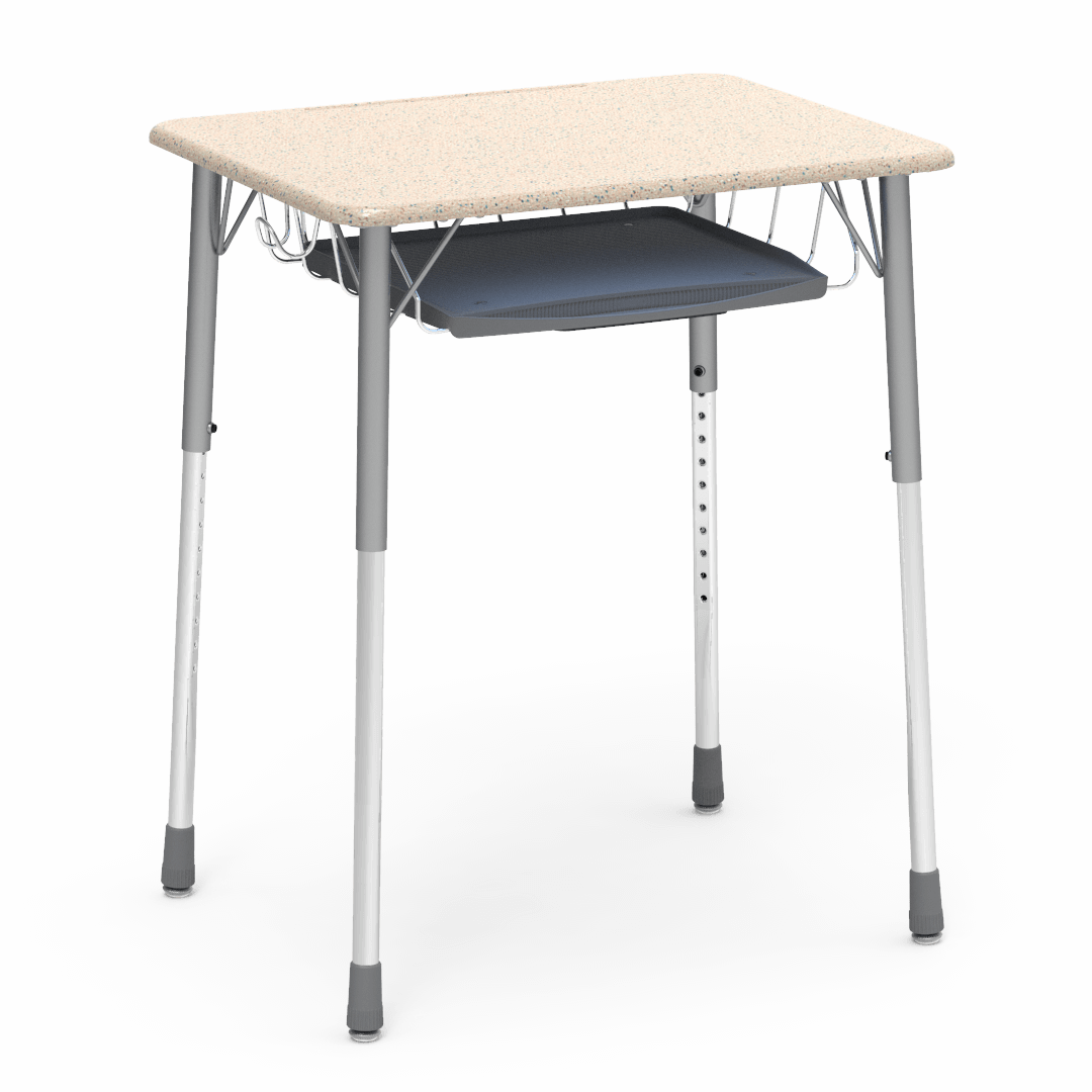 Virco ZADJ2026BRTBHM - ZUMA Series Student Desk, Hard Plastic Top (20" x 26-1/8"), Adjustable Height Legs (22"-34"H) with wire book basket with pencil tray and backpack hanger - SchoolOutlet