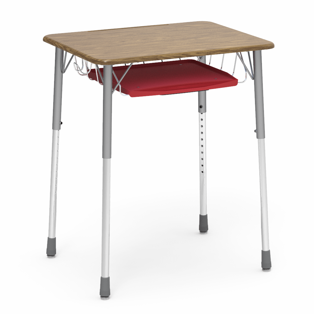 Virco ZADJ2026BRTBHM - ZUMA Series Student Desk, Hard Plastic Top (20" x 26-1/8"), Adjustable Height Legs (22"-34"H) with wire book basket with pencil tray and backpack hanger - SchoolOutlet