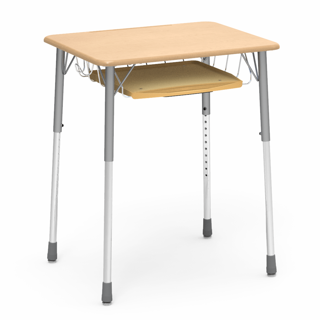 Virco ZADJ2026BRTBHM - ZUMA Series Student Desk, Hard Plastic Top (20" x 26-1/8"), Adjustable Height Legs (22"-34"H) with wire book basket with pencil tray and backpack hanger - SchoolOutlet