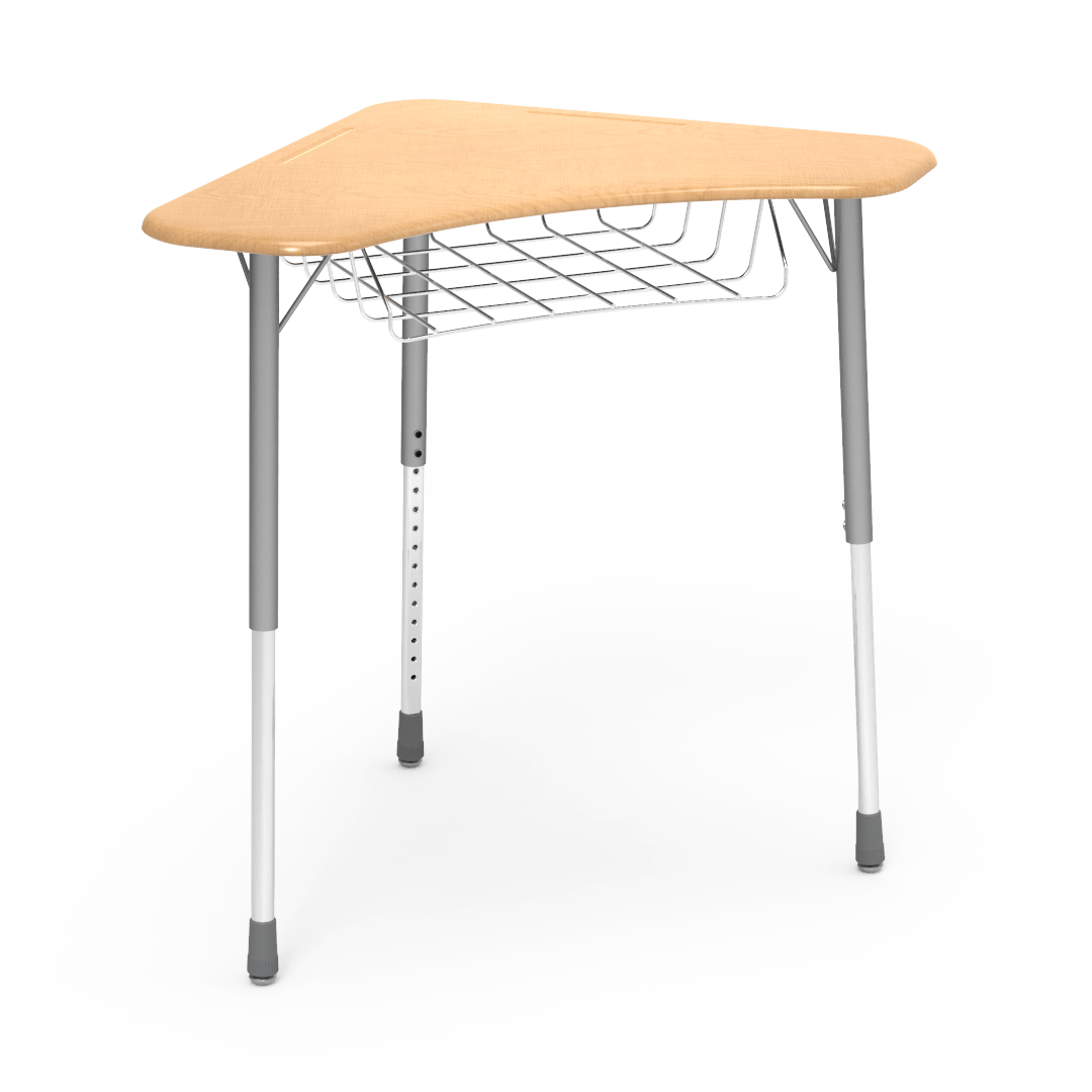 Virco ZBOOMBRM - ZUMA Series Student Desk - Boomerang Shape, Hard Plastic Top, 22"-34"H with wire book basket - SchoolOutlet