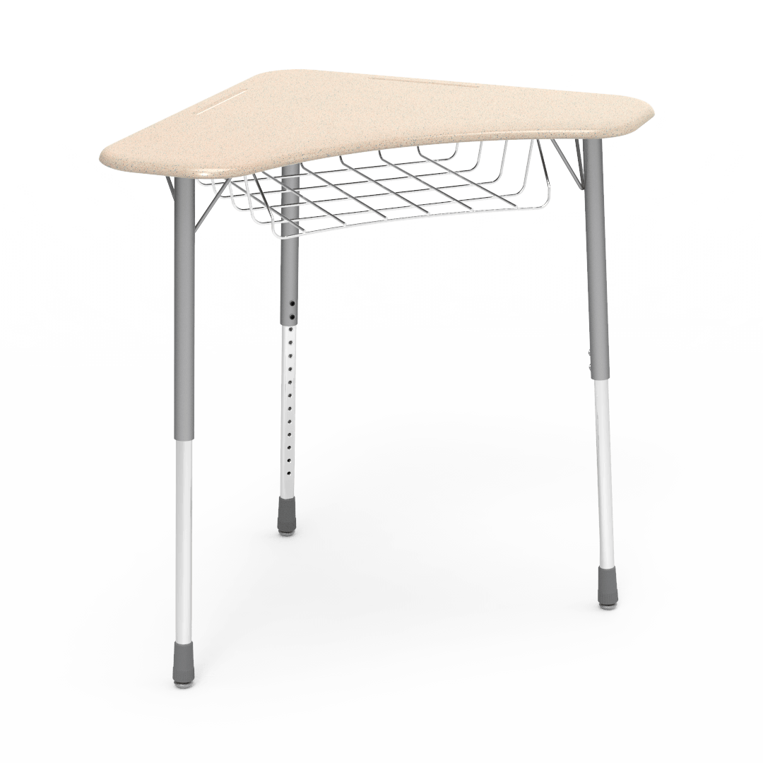 Virco ZBOOMBRM - ZUMA Series Student Desk - Boomerang Shape, Hard Plastic Top, 22"-34"H with wire book basket - SchoolOutlet