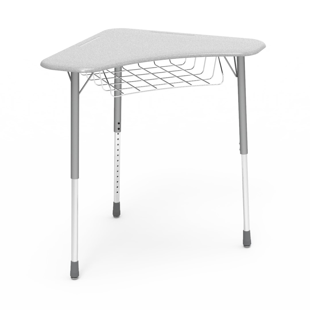 Virco ZBOOMBRM - ZUMA Series Student Desk - Boomerang Shape, Hard Plastic Top, 22"-34"H with wire book basket - SchoolOutlet