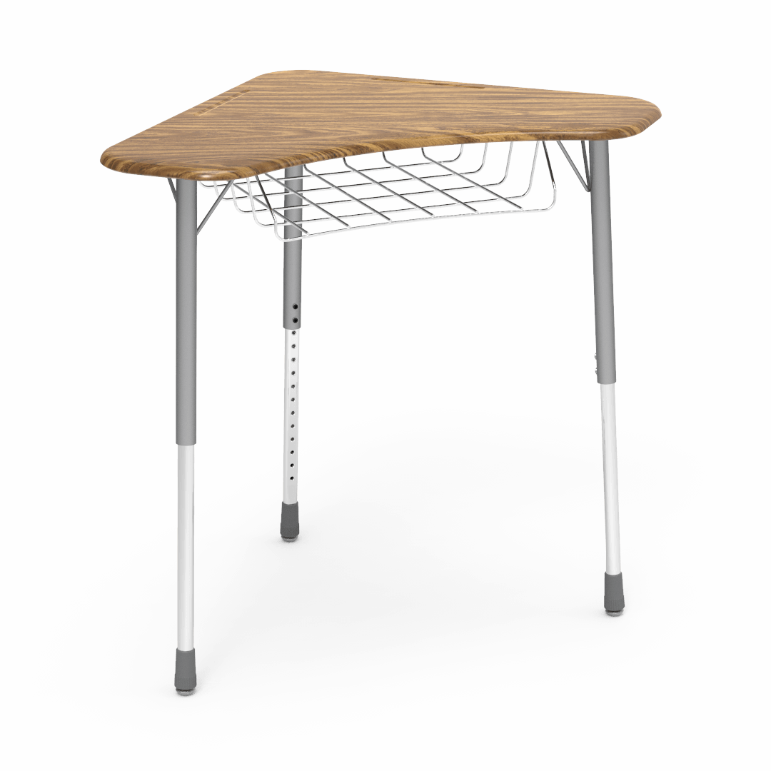 Virco ZBOOMBRM - ZUMA Series Student Desk - Boomerang Shape, Hard Plastic Top, 22"-34"H with wire book basket - SchoolOutlet