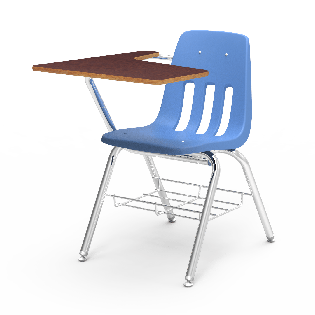 Virco 9700BR Student Tablet Arm Chair with Desk for Schools and Classrooms 18" Seat, Tablet-Arm Laminate Top, Bookrack - SchoolOutlet