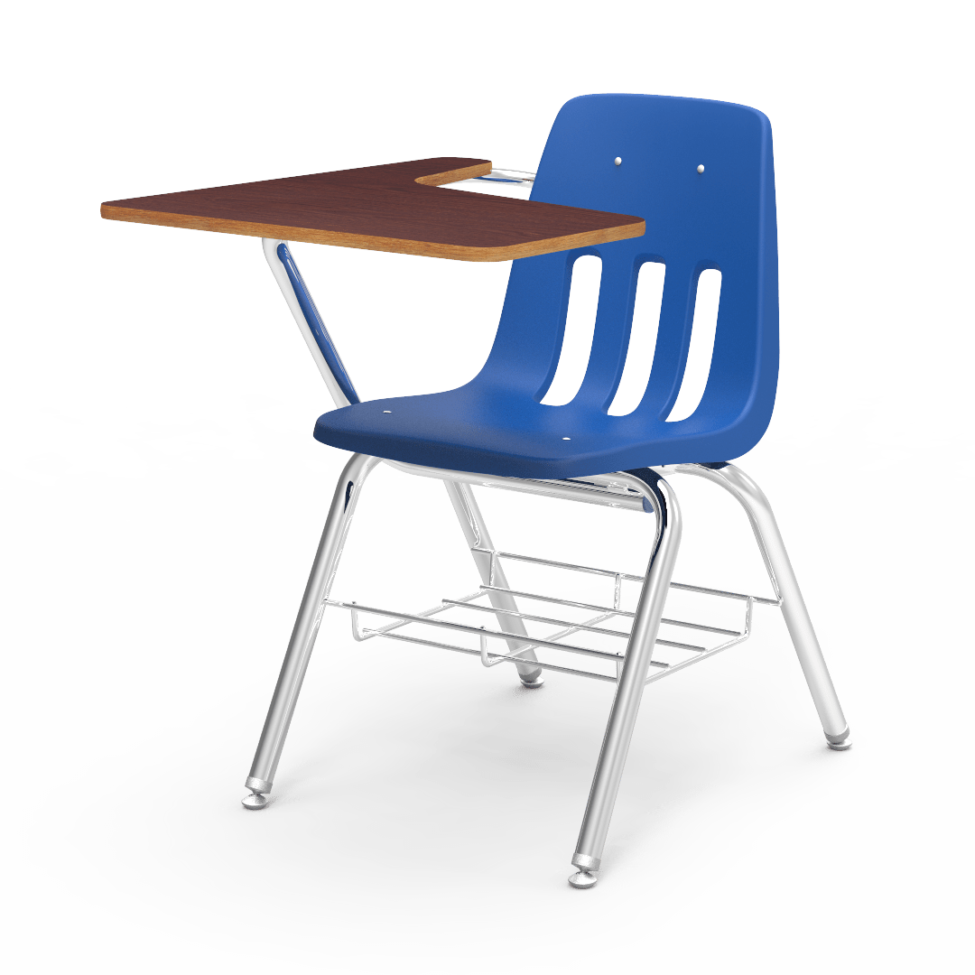 Virco 9700BR Student Tablet Arm Chair with Desk for Schools and Classrooms 18" Seat, Tablet-Arm Laminate Top, Bookrack - SchoolOutlet