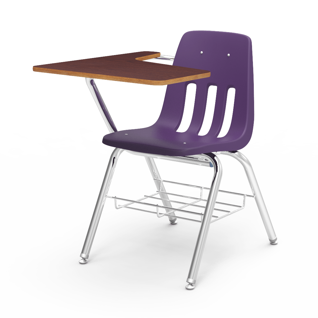 Virco 9700BR Student Tablet Arm Chair with Desk for Schools and Classrooms 18" Seat, Tablet-Arm Laminate Top, Bookrack - SchoolOutlet