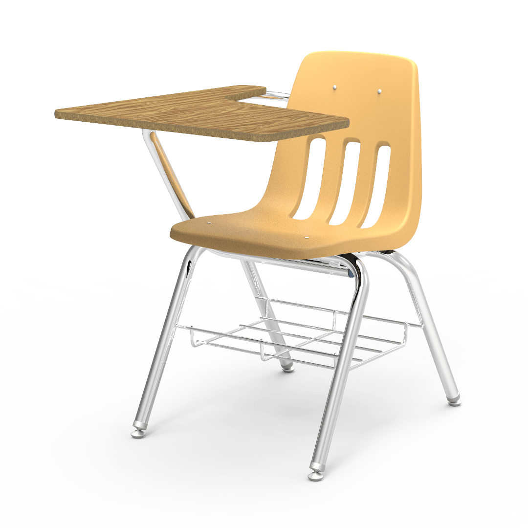 Virco 9700BR Student Tablet Arm Chair with Desk for Schools and Classrooms 18" Seat, Tablet-Arm Laminate Top, Bookrack - SchoolOutlet