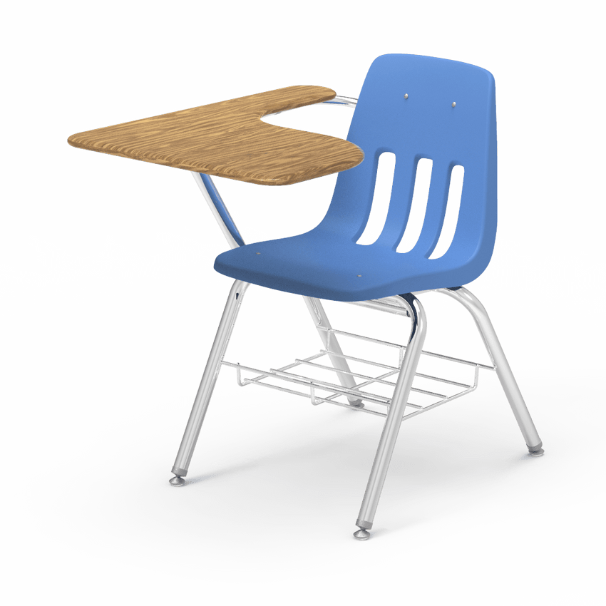 Virco 9700BRM Tablet Arm Chair-Desk with 18" Seat, 12" x 20" x 25" Hard Plastic Top, Bookrack for School and Classrooms - SchoolOutlet