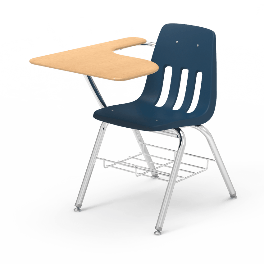 Virco 9700BRM Tablet Arm Chair-Desk with 18" Seat, 12" x 20" x 25" Hard Plastic Top, Bookrack for School and Classrooms - SchoolOutlet