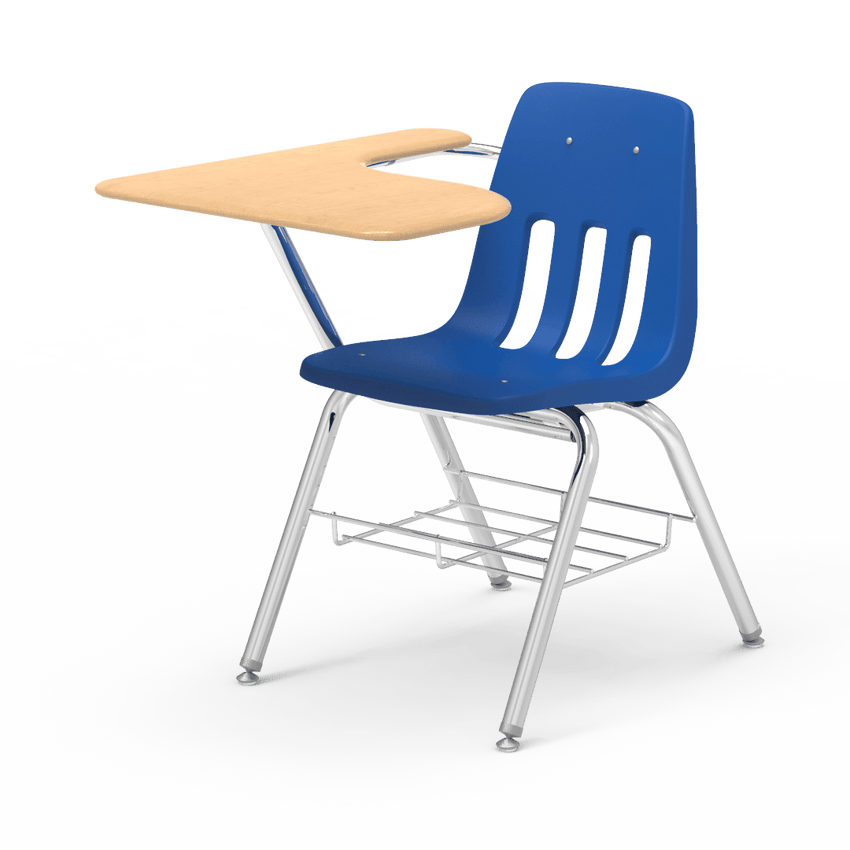 Virco 9700BRM Tablet Arm Chair-Desk with 18" Seat, 12" x 20" x 25" Hard Plastic Top, Bookrack for School and Classrooms - SchoolOutlet