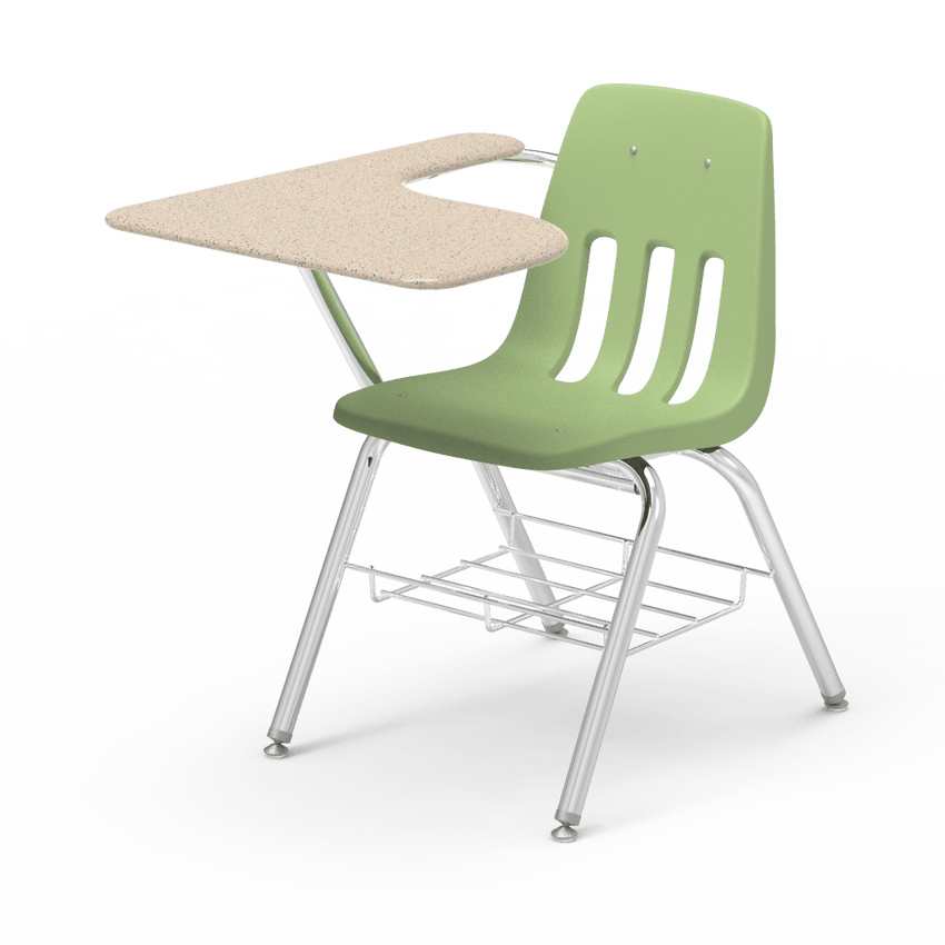 Virco 9700BRM Tablet Arm Chair-Desk with 18" Seat, 12" x 20" x 25" Hard Plastic Top, Bookrack for School and Classrooms - SchoolOutlet