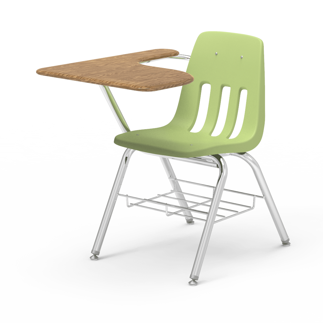 Virco 9700BRM Tablet Arm Chair-Desk with 18" Seat, 12" x 20" x 25" Hard Plastic Top, Bookrack for School and Classrooms - SchoolOutlet