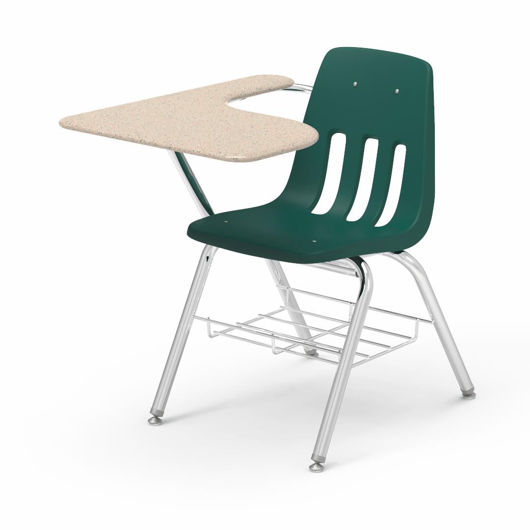 Virco 9700BRM Tablet Arm Chair-Desk with 18" Seat, 12" x 20" x 25" Hard Plastic Top, Bookrack for School and Classrooms - SchoolOutlet