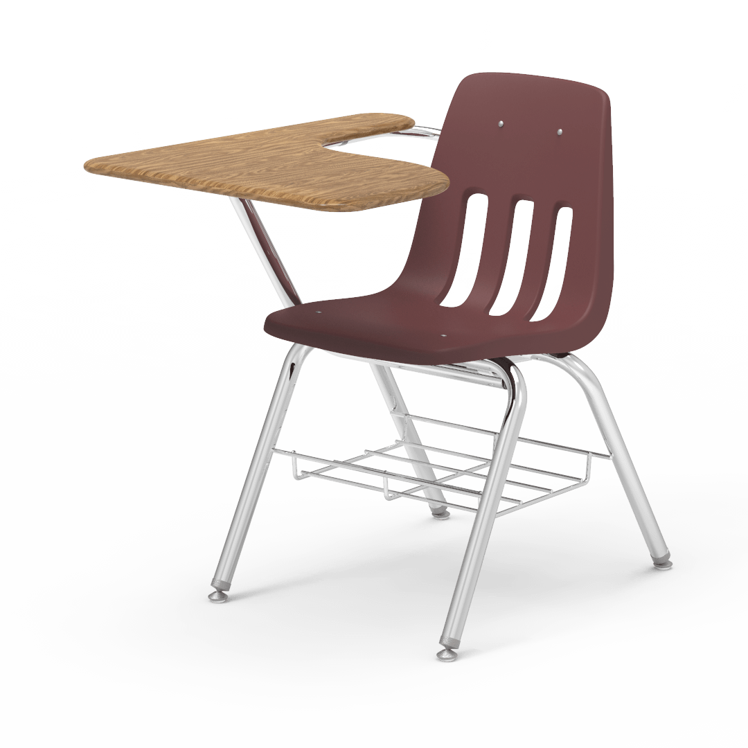 Virco 9700BRM Tablet Arm Chair-Desk with 18" Seat, 12" x 20" x 25" Hard Plastic Top, Bookrack for School and Classrooms - SchoolOutlet