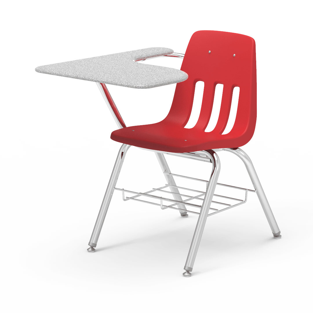 Virco 9700BRM Tablet Arm Chair-Desk with 18" Seat, 12" x 20" x 25" Hard Plastic Top, Bookrack for School and Classrooms - SchoolOutlet