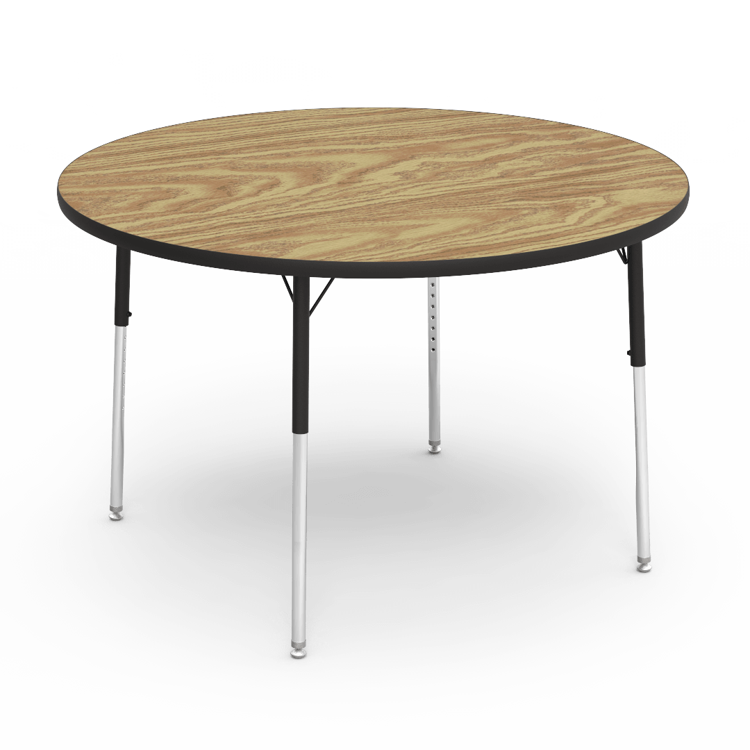 Round Activity Table with Heavy Duty Medium Oak Laminate Top and Adjustable Height (48" Diameter x 22-30"H) - SchoolOutlet