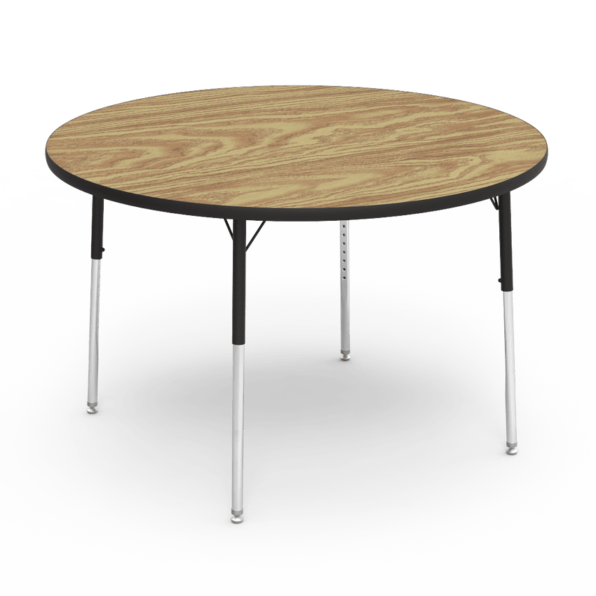Round Activity Table with Heavy Duty Medium Oak Laminate Top and Adjustable Height (48" Diameter x 22-30"H) - SchoolOutlet