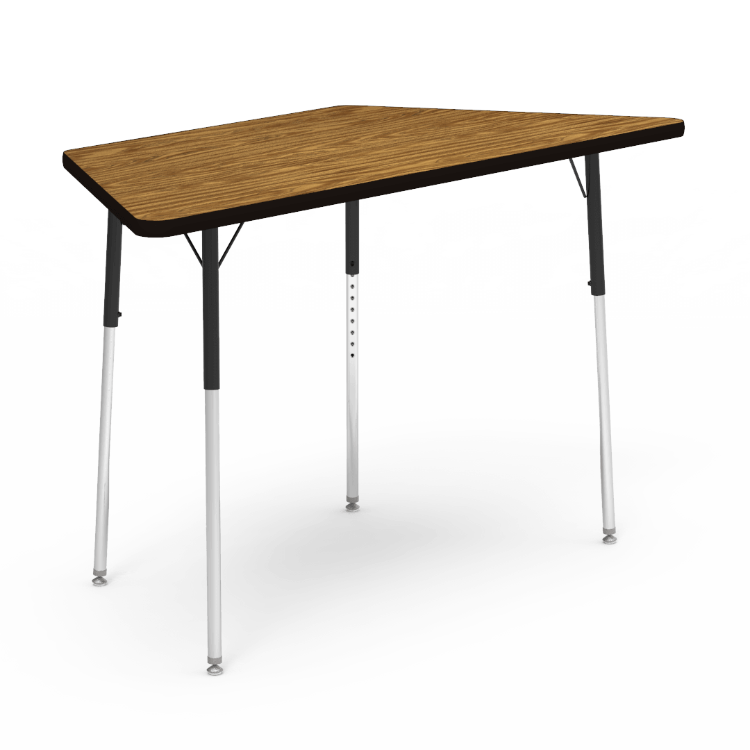 Trapezoid Activity Table with Heavy Duty Medium Oak Laminate Top and Adjustable Height (30"W x 60"L x 22-30"H) - SchoolOutlet