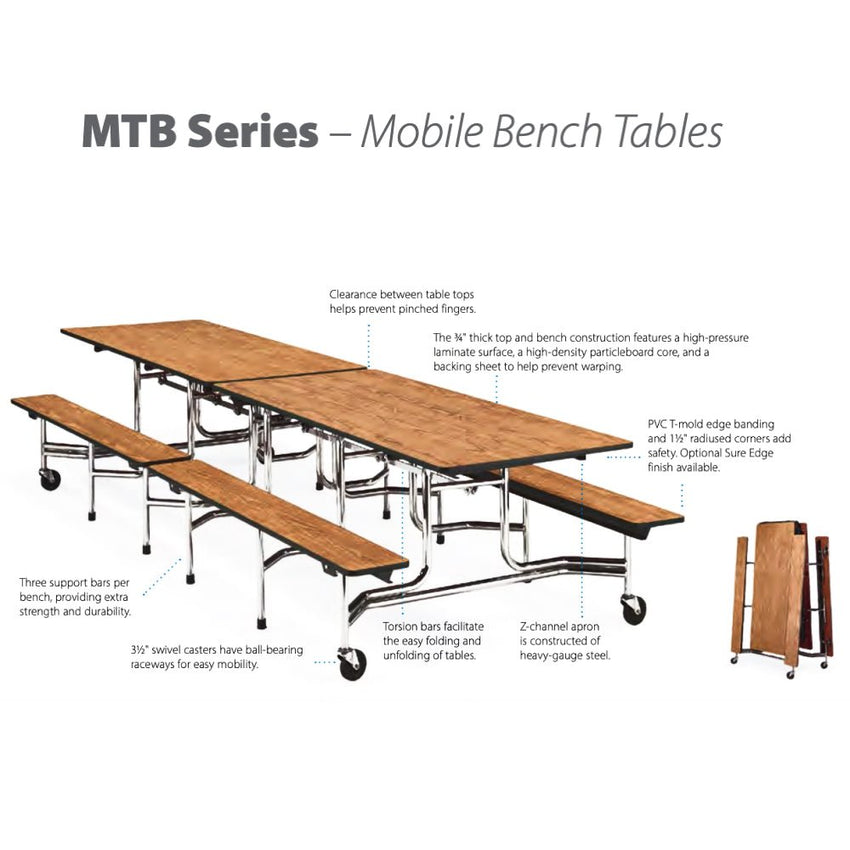 Virco MTB15278 - Mobile Bench Cafeteria Table 27"H x30"W x 8'L with T-mold Edge and 15"H x 8'L Bench that seats up to 8 - SchoolOutlet
