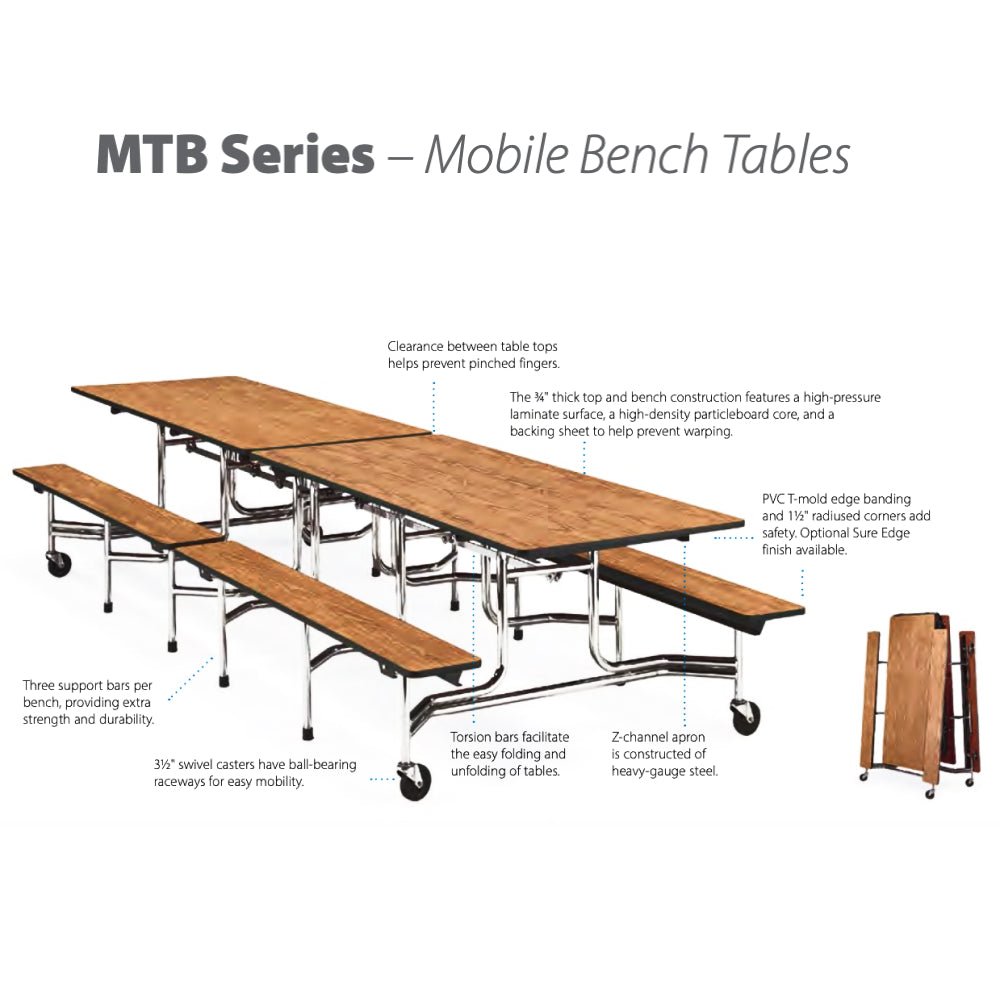 Virco MTB172912 - Mobile Bench Cafeteria Table - 29"H x30"W x 144"L - T-mold Edge - 17"H x 12'L Bench - SchoolOutlet