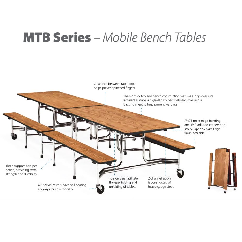 Virco MTB172912AEB - Mobile Bench Cafeteria Table 30"W x 144"L x 29"H - Sure Edge - 17"H x 12'L Bench Seating - SchoolOutlet