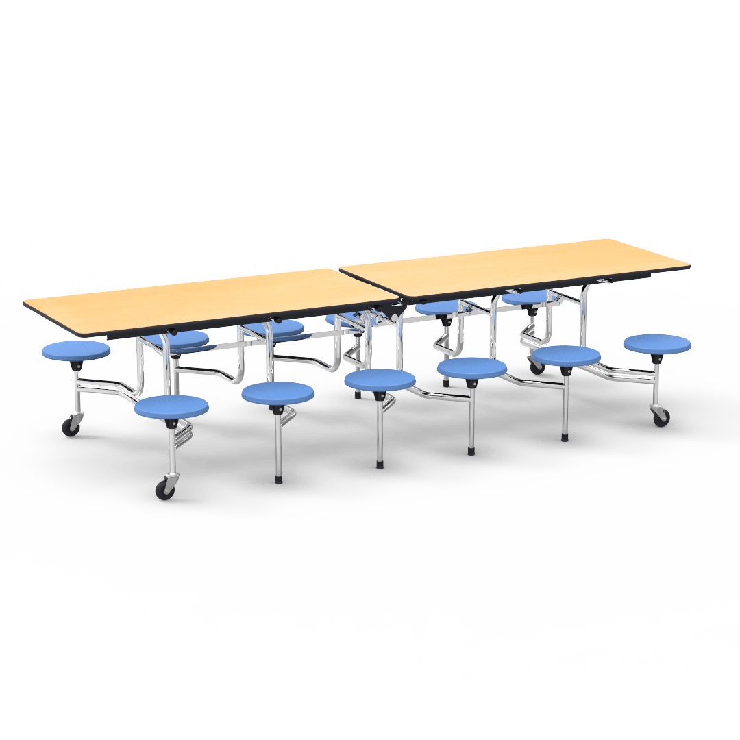 Virco MTS17291012 - Mobile Stool Cafeteria Table with 12 Stools - T-mold Edge - 27"H x 30"W x 10'Long, 17" high Stools (Virco MTS17291012) - SchoolOutlet