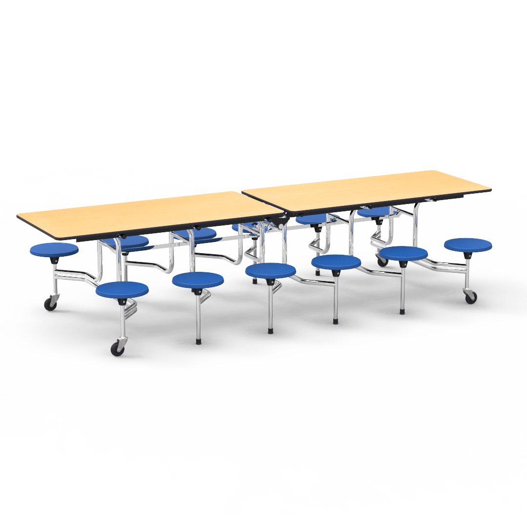 Virco MTS17291012AE - Mobile Stool Cafeteria Table - Sure Edge - 17" Seat Height - 10'L - 12 Stools (Virco MTS17291012AE) - SchoolOutlet