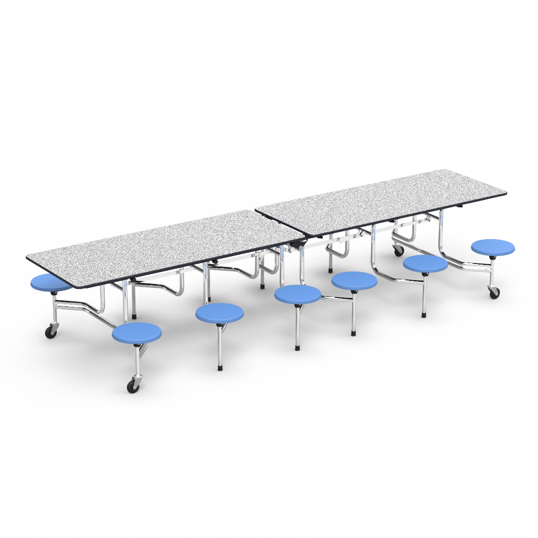 Virco MTS17291212 Student Lunchroom Table with 12 Stools for School Cafeterias, Mobile, Foldable with 30" x 144" Top - SchoolOutlet