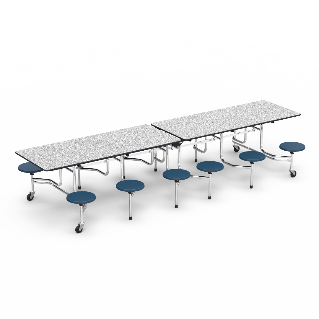 Virco MTS17291212 Student Lunchroom Table with 12 Stools for School Cafeterias, Mobile, Foldable with 30" x 144" Top - SchoolOutlet