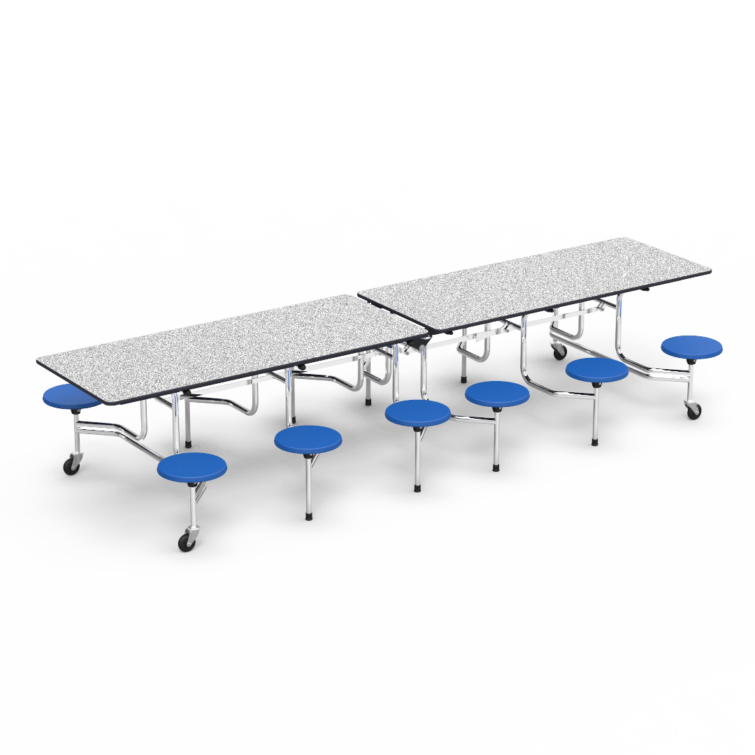 Virco MTS17291212 Student Lunchroom Table with 12 Stools for School Cafeterias, Mobile, Foldable with 30" x 144" Top - SchoolOutlet