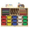 Preschool cubbie with colorful items in it