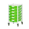 Green bins inside of a mobile organizer cart on a white background