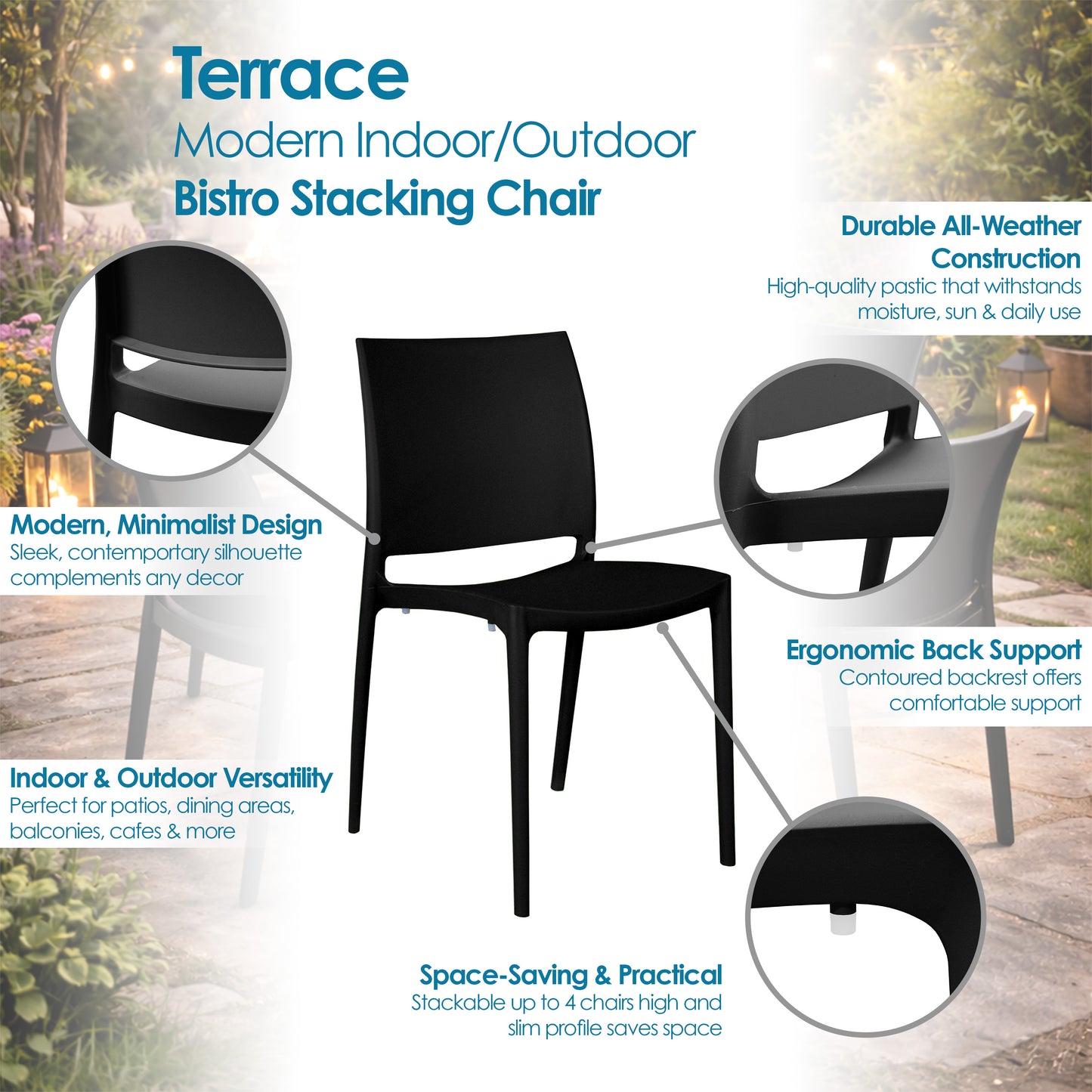 Regency Niche Terrace Plastic Indoor/Outdoor Stacking Chair (Set of 12) 17.5"W x 20.5"D x 32"H (REG-4100XX12PK)