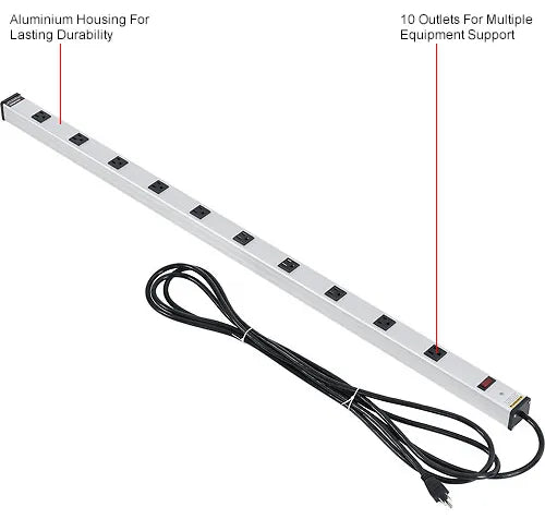 Global Industrial Aluminum Power Strip - 10 Outlets & 15A/120V, 15' Cord, Silver, 48"L (GLB-WB500888A)