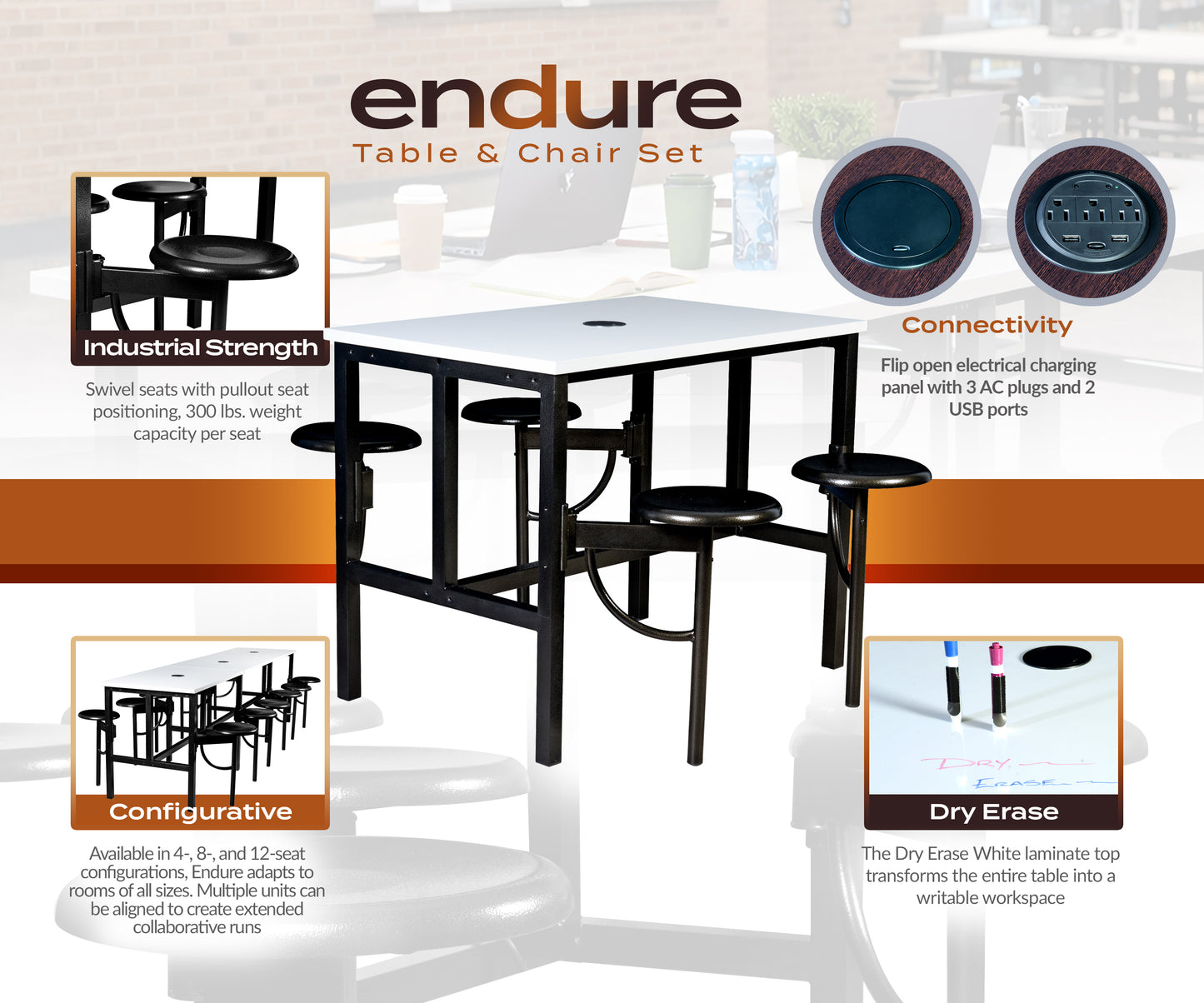 Regency Endure Standing Height Collaborative Table & Chair Set with 4 Pull-Out Stools 31.25"W x 48"L x 38"H (REG-9004-XXX-DVN)