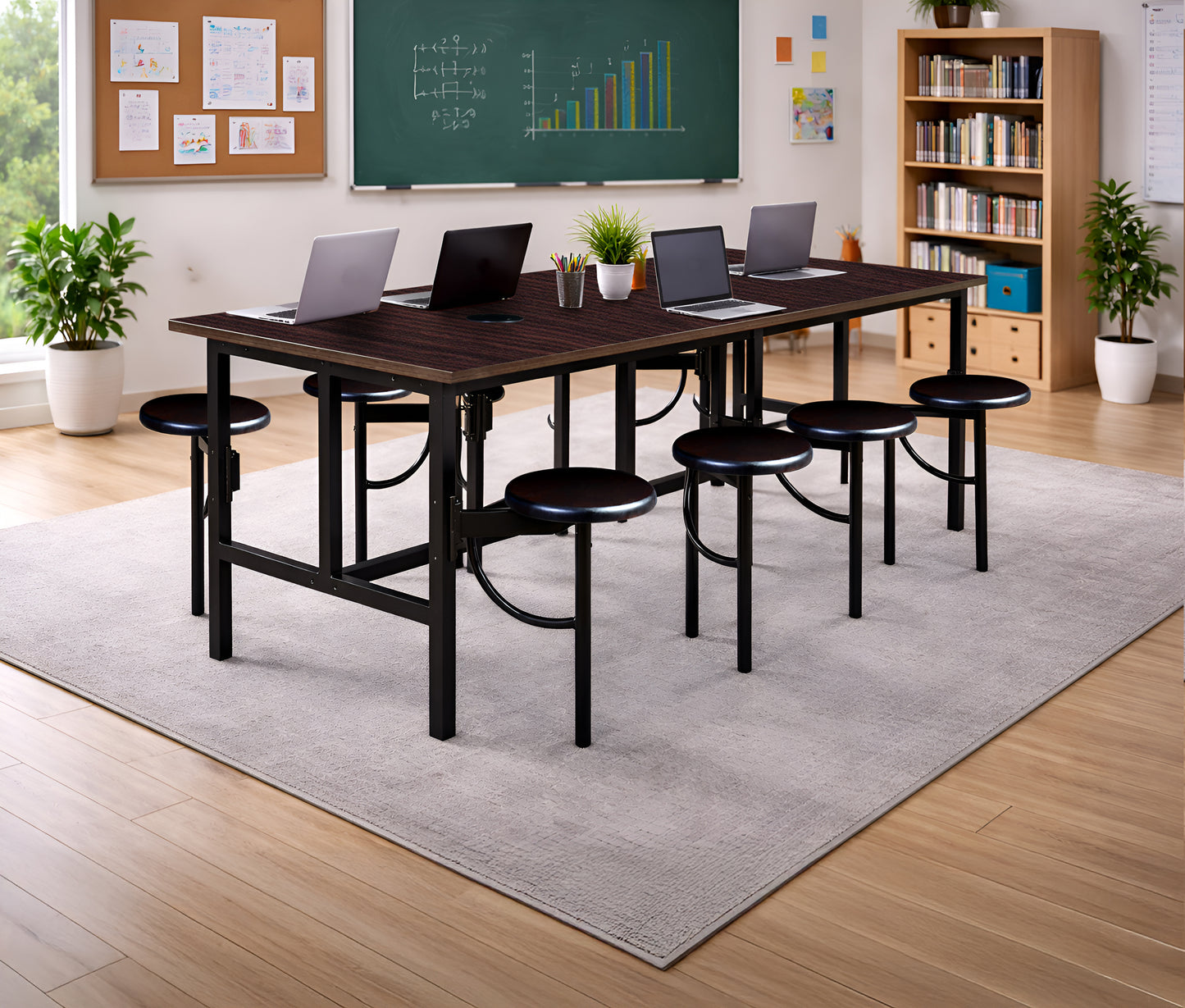 Regency Endure Standing Height Collaborative Table & Chair Set with 8 Pull-Out Stools Walnut Top, Walnut Wood Seats 31.25"W x 96"L x 38"H (REG-9008-WLT-WLT)
