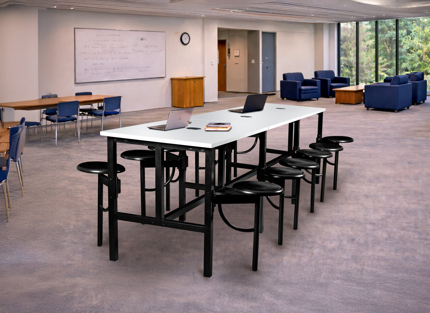 Regency Endure Standing Height Collaborative Table & Chair Set with 12 Pull-Out Stools 31.25"W x 141"L x 38"H (REG-9012-XXX-DVN)