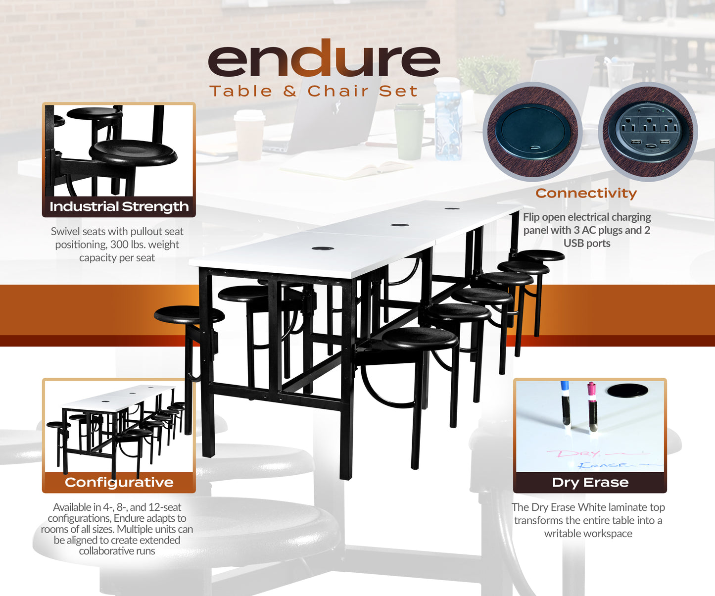 Regency Endure Standing Height Collaborative Table & Chair Set with 12 Pull-Out Stools 31.25"W x 141"L x 38"H (REG-9012-XXX-DVN)