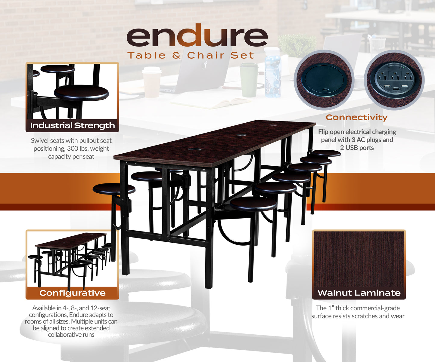 Regency Endure Standing Height Collaborative Table & Chair Set with 12 Pull-Out Stools Walnut Top, Walnut Wood Seats 31.25"W x 141"L x 38"H (REG-9012-WLT-WLT)