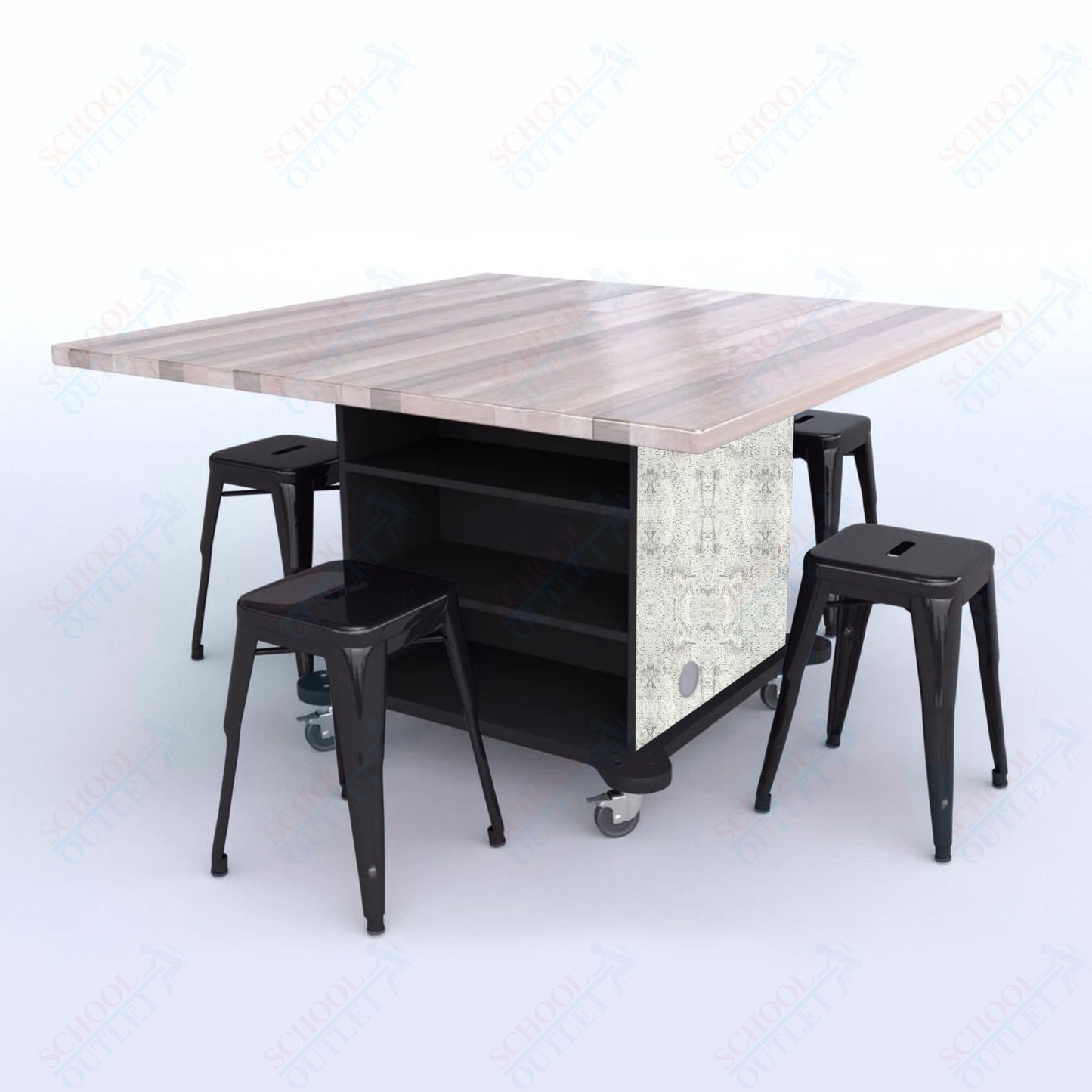CEF Creation Cube Double-Sided Storage Table - 30"H, Square Butcher Block Top, High-Pressure Laminate Base and 4 Metal Stools Included