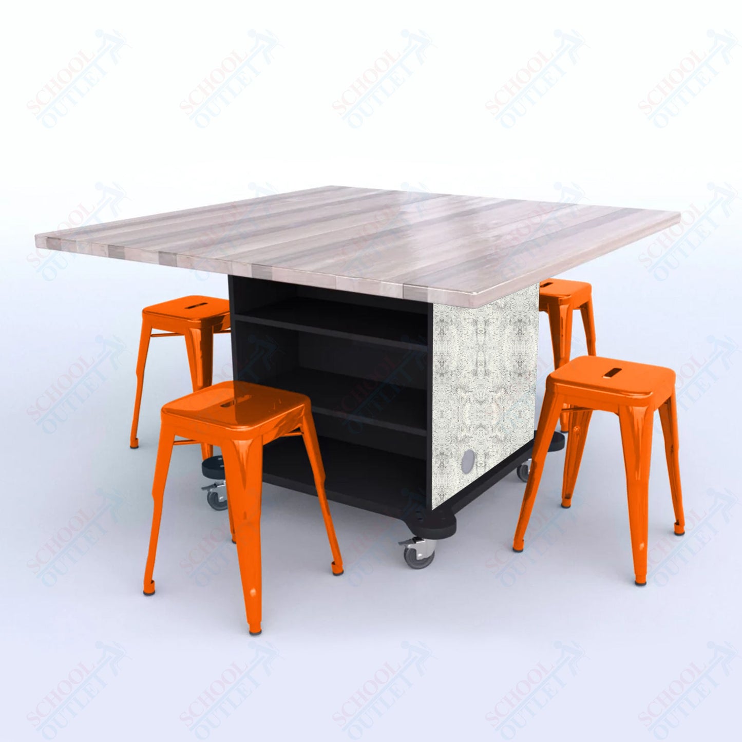 CEF Creation Cube Double-Sided Storage Table - 30"H, Square Butcher Block Top, High-Pressure Laminate Base and 4 Metal Stools Included