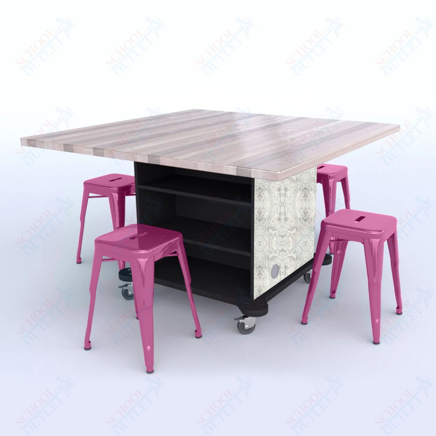 CEF Creation Cube Double-Sided Storage Table - 30"H, Square Butcher Block Top, High-Pressure Laminate Base and 4 Metal Stools Included